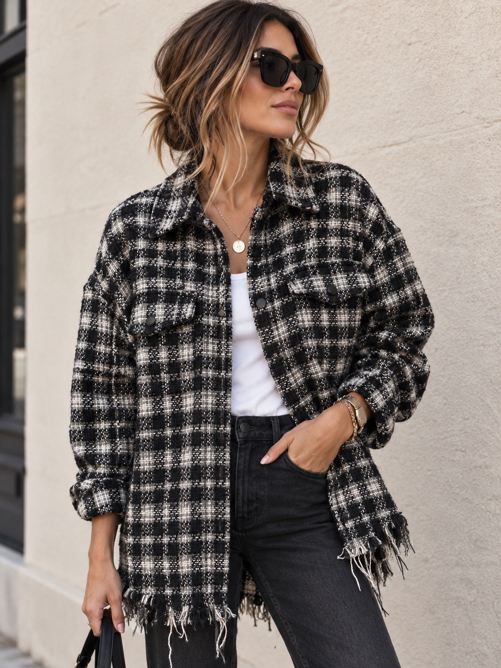Zara Black White Plaid Tweed Heavyweight Shirt Fringe Hem Size S
